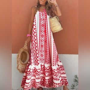 Spaghetti Strap Scoop Neck Smocked Ruffle Flowy Boho Maxi Dress